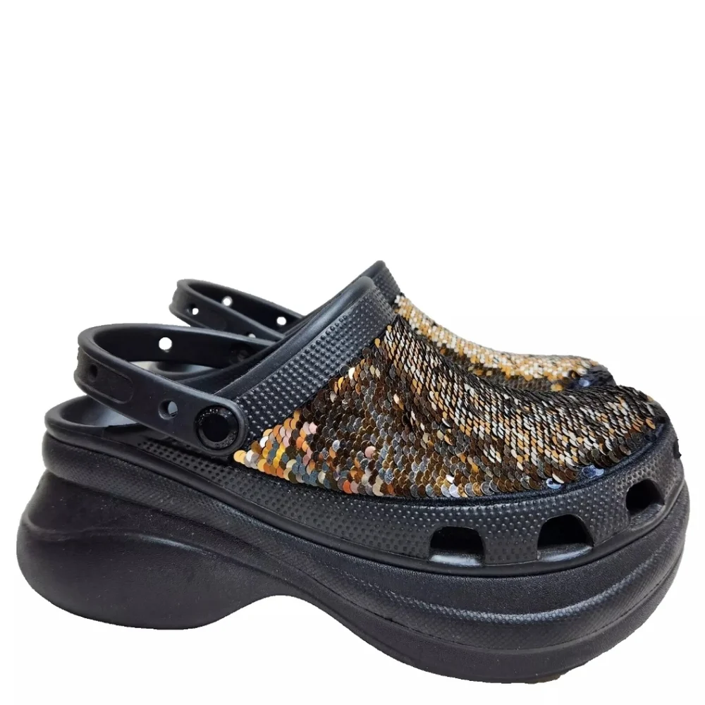 CROCS Classic Bae Silver Gold Sequin Platform Clog Sz 9 Black Multi - Picture 4 of 14